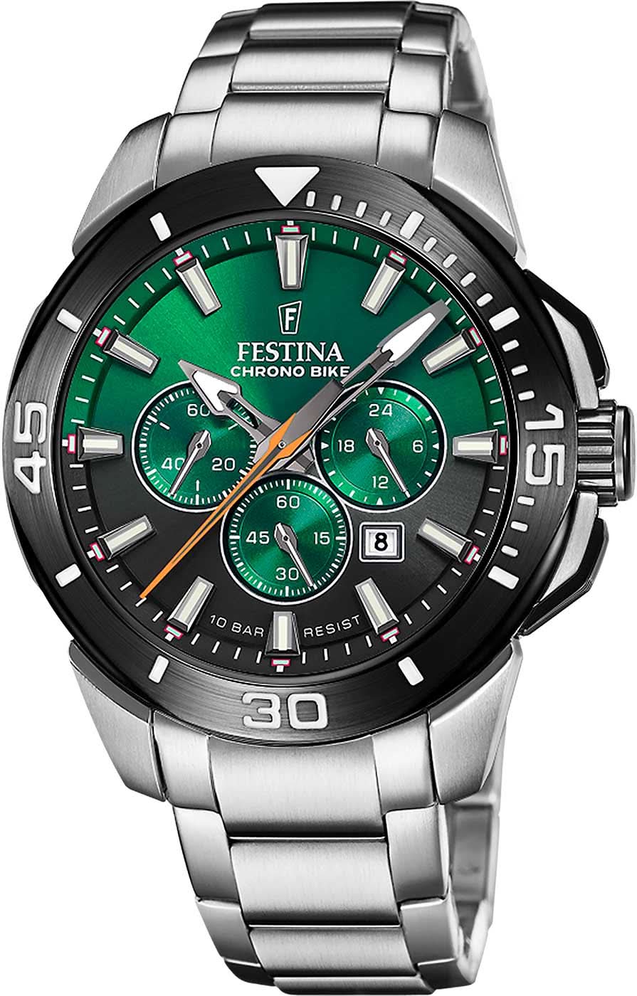 Montre chronographe pour homme avec cadran vert, bracelet en acier inoxydable et affichage de la date