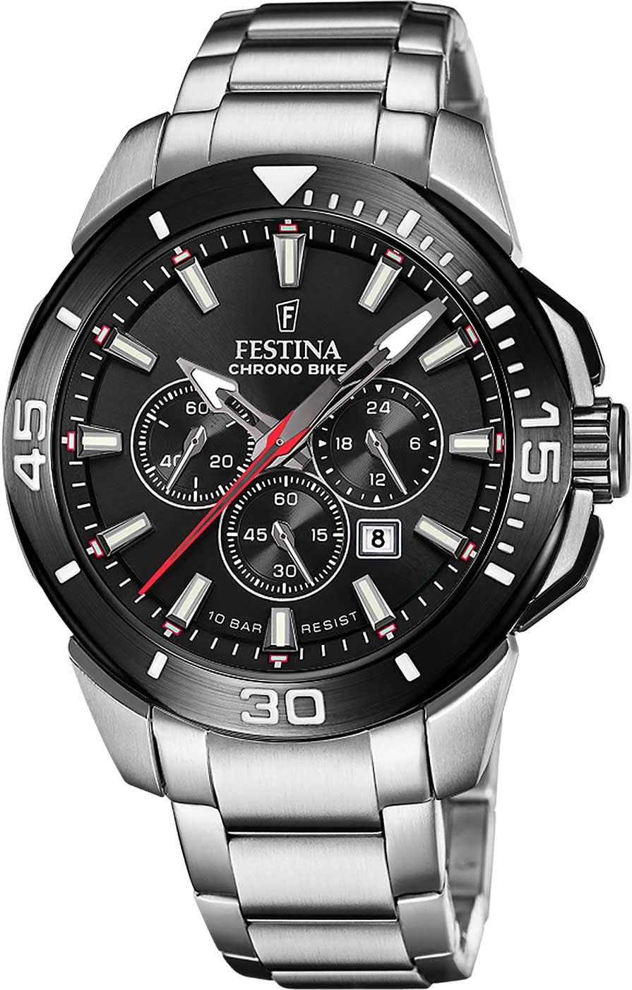 Montre chronographe pour homme en acier inoxydable avec cadran noir, sous-cadrans chronos et date