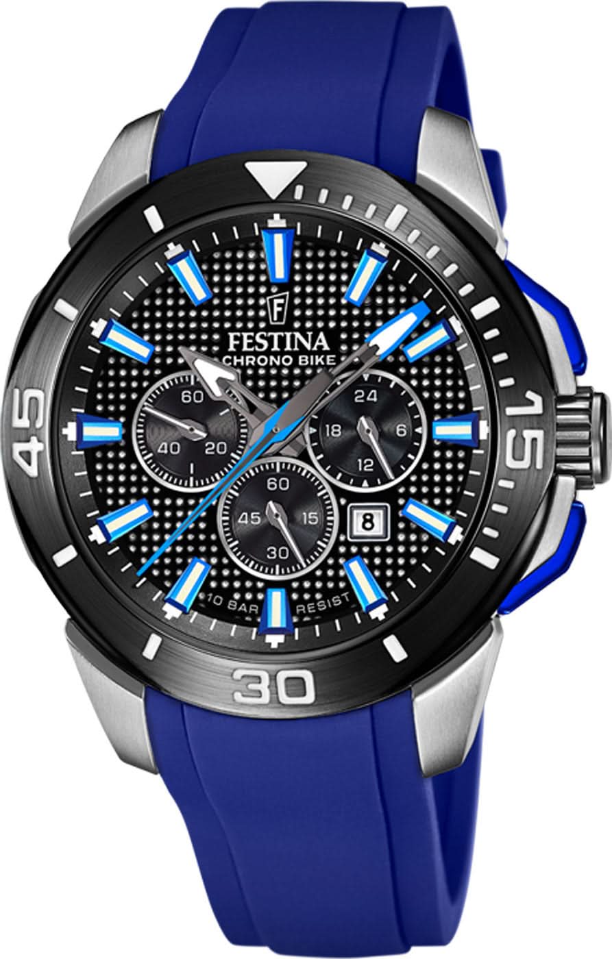 Montre homme avec bracelet en silicone bleu et cadran chronographe sportif.