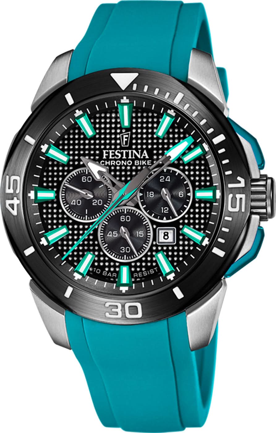 Montre Festina pour homme, chronographe sportif, cadran noir, bracelet en silicone turquoise