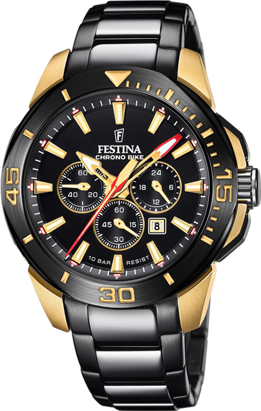 Montre chronographe pour homme avec cadran noir et bracelet en acier inoxydable, accents dorés