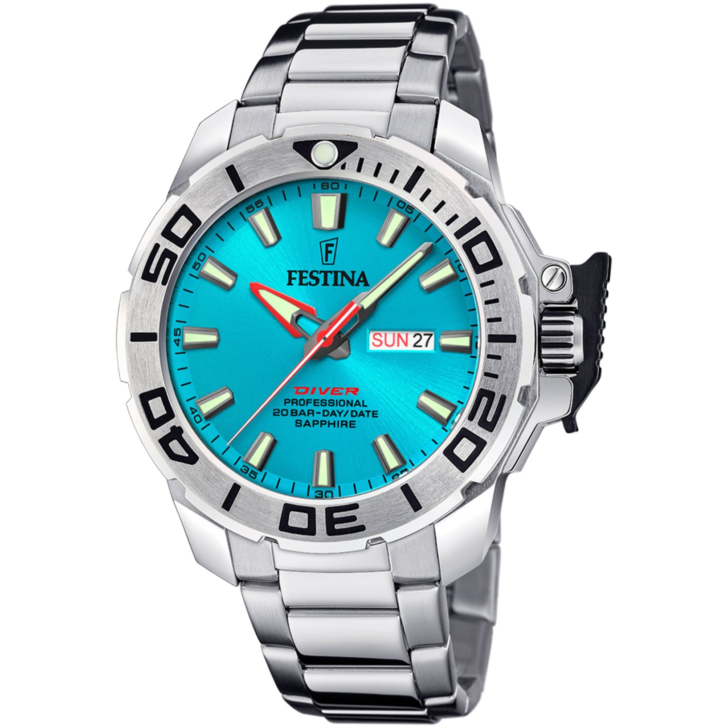Festina Herrenuhr Diver: türkisfarbenes Zifferblatt, schwarze Lünette, Stahlband