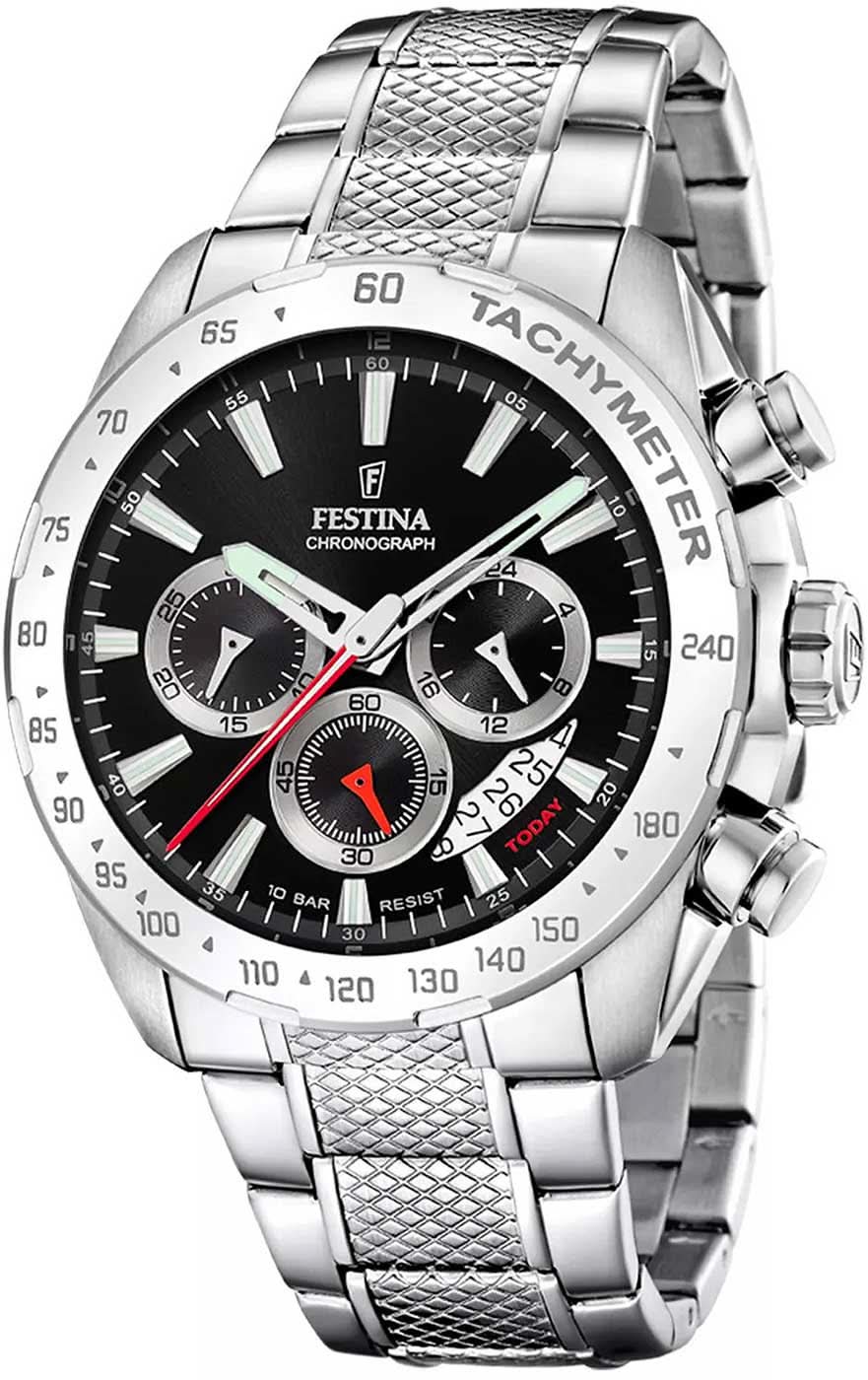 Chronographe en acier inoxydable, cadran noir avec accents rouges et sous-cadrans chronographes.