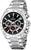 Chronographe en acier inoxydable, cadran noir avec accents rouges et sous-cadrans chronographes.