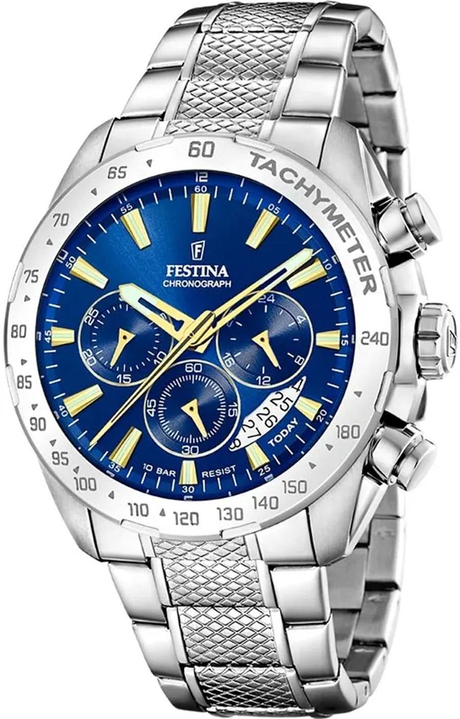 Montre chronographe Festina pour homme, bracelet en acier inoxydable, cadran bleu, tachymètre.