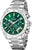 Chronographe en acier inoxydable, cadran vert avec index des secondes rouges et sous-cadrans chrono.