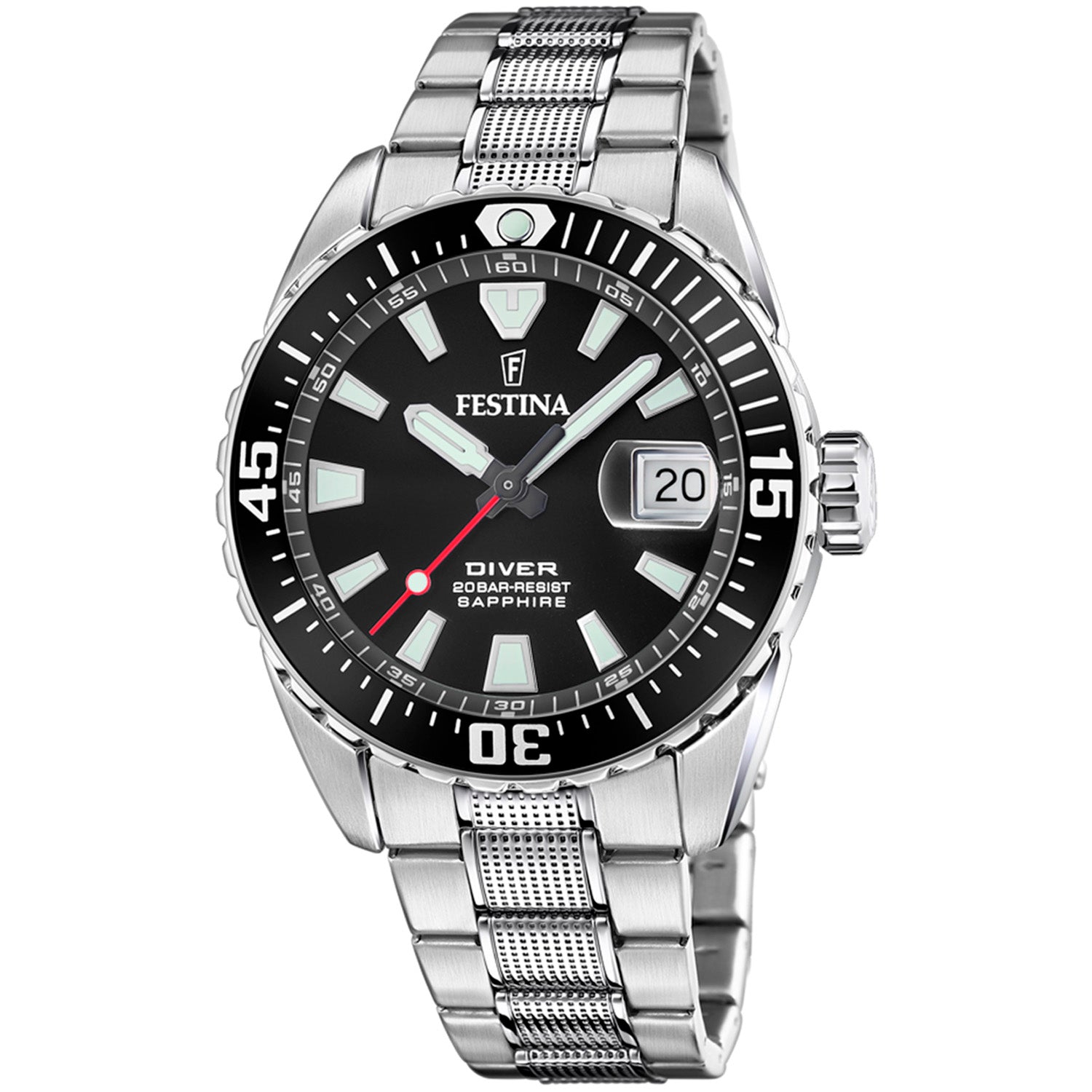 Festina Taucheruhr mit silbernem Edelstahlband, schwarzem Zifferblatt und Datumsanzeige 20.