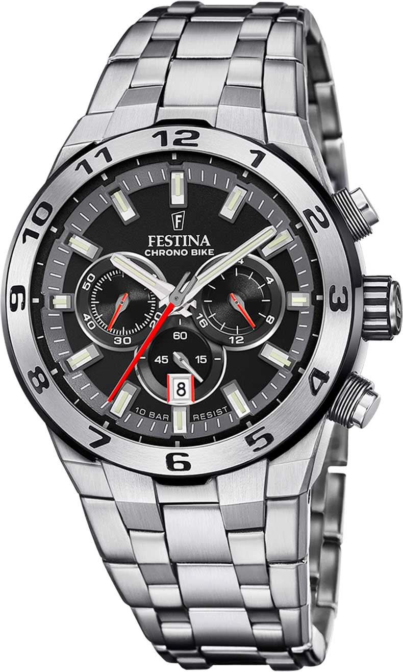 Chronographe Festina pour homme avec bracelet en acier inoxydable, cadran rond noir.