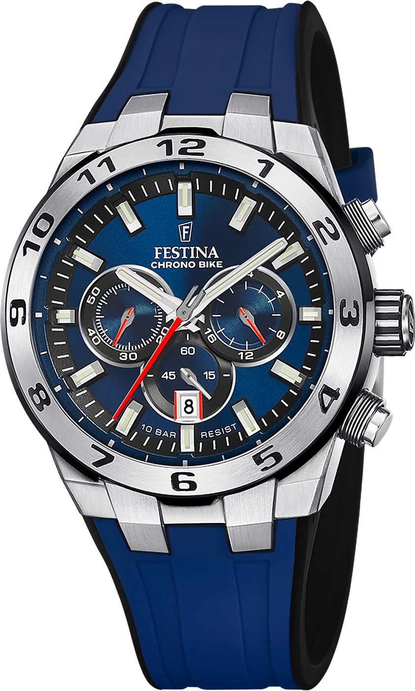 Montre Festina pour homme avec cadran bleu, sous-cadrans chronographes et bracelet en silicone bleu
