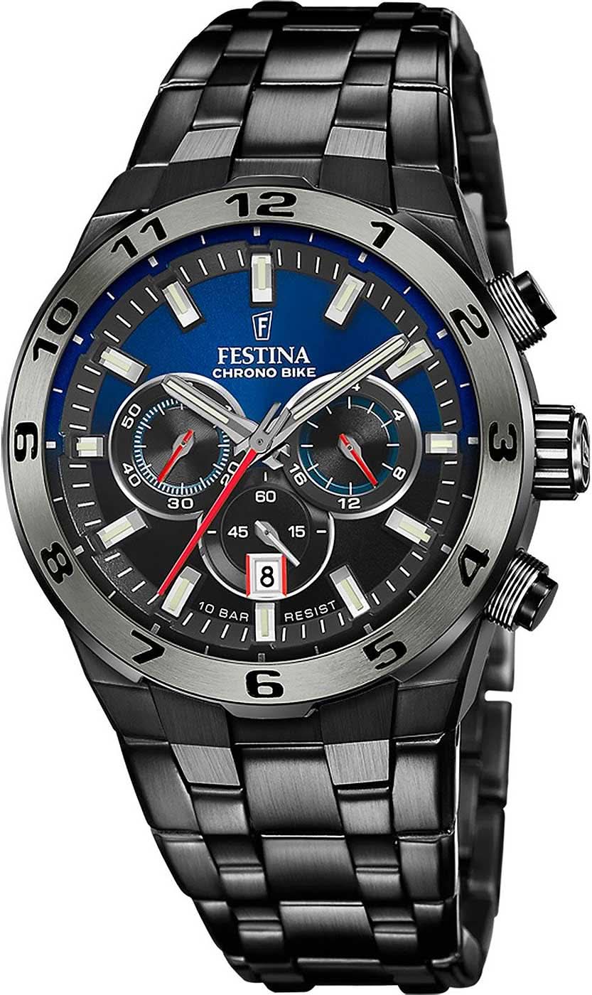 Montre chronographe pour homme avec cadran bleu et noir et bracelet en acier inoxydable noir
