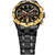 Chronographenarmbanduhr mit schwarzem Zifferblatt, roten Chrono-Zählern und goldener Lünette