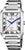 Montre bracelet homme en acier inoxydable avec cadran rectangulaire et aiguille des secondes bleue (Quartz).