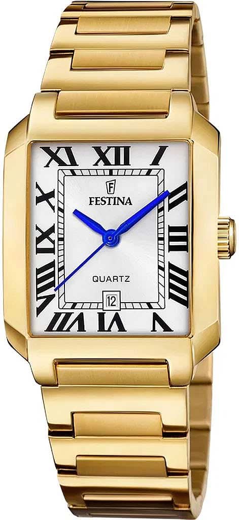 Montre rectangulaire pour femme avec bracelet en métal doré, aiguilles bleues et cadran noir.