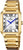 Montre rectangulaire pour femme avec bracelet en métal doré, aiguilles bleues et cadran noir.