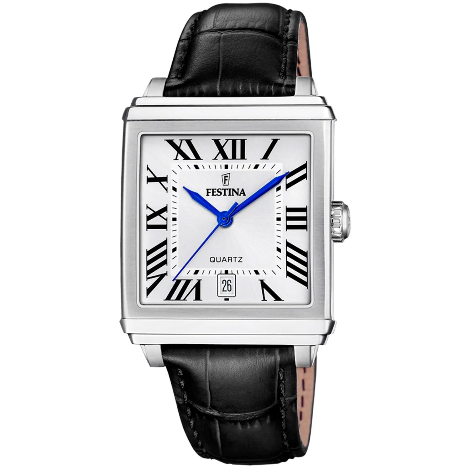 Festina Herren-Uhr: eckiges Gehäuse, schwarzes Lederband, weißes Zifferblatt, blau