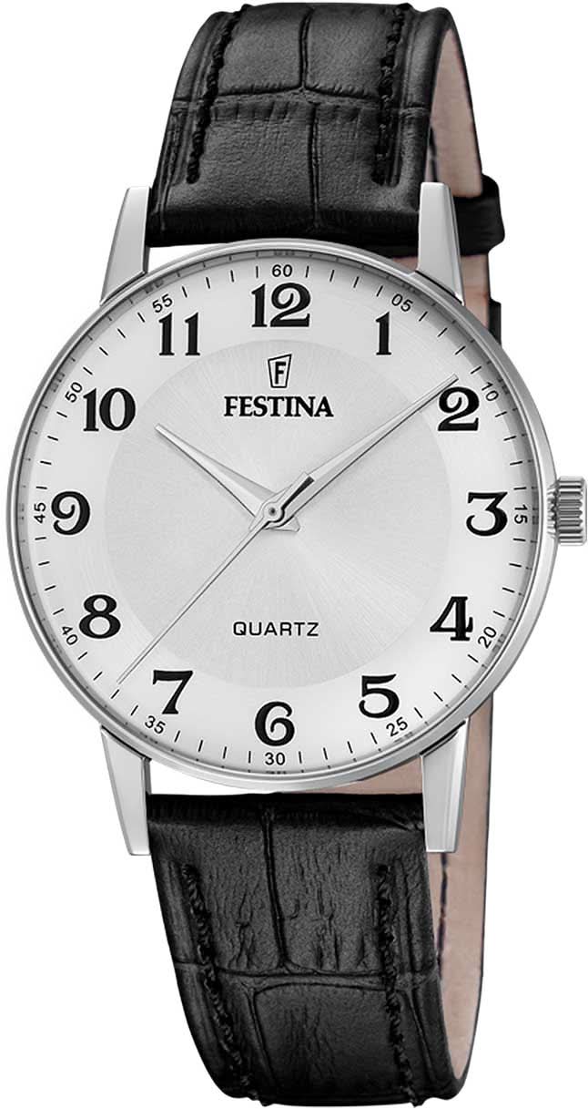 Montre Festina pour homme avec boîtier argenté, bracelet en cuir noir et cadran blanc