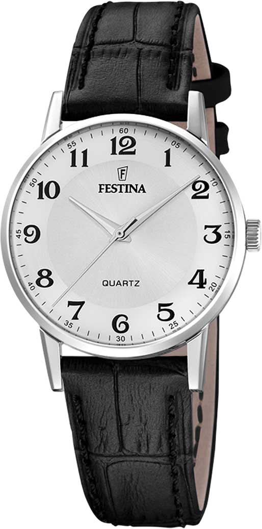 Montre pour femme avec bracelet en cuir noir, boîtier argenté et cadran blanc