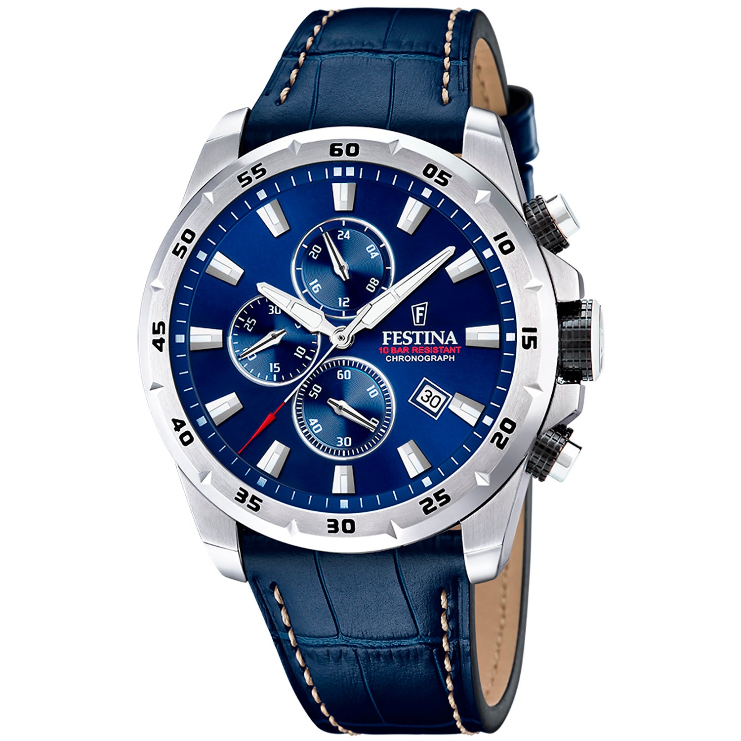 Festina Herrenuhr Chronograph: blaues Zifferblatt, silberfarbenes Gehäuse, Lederarmband