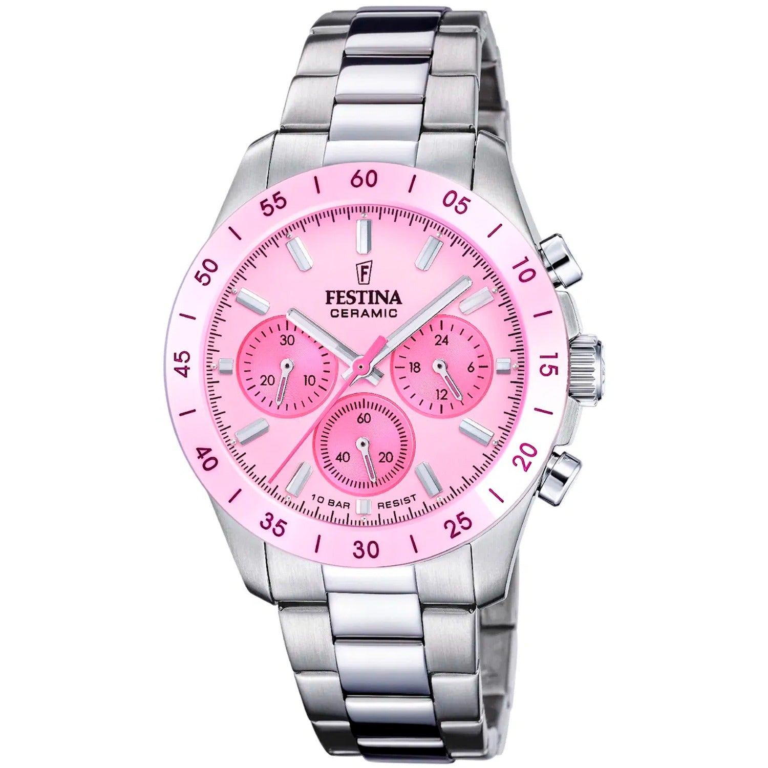 Unisex-Chronograph mit rosa Zifferblatt und drei Chronografenzählern, silbernes Armband