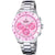 Unisex-Chronograph mit rosa Zifferblatt und drei Chronografenzählern, silbernes Armband
