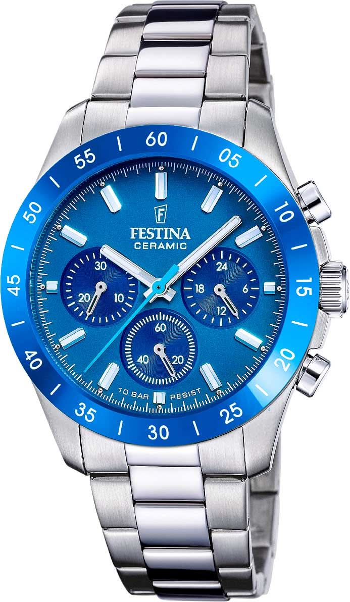 Montre femme avec cadran bleu, lunette en céramique et bracelet en acier inoxydable, chronographe
