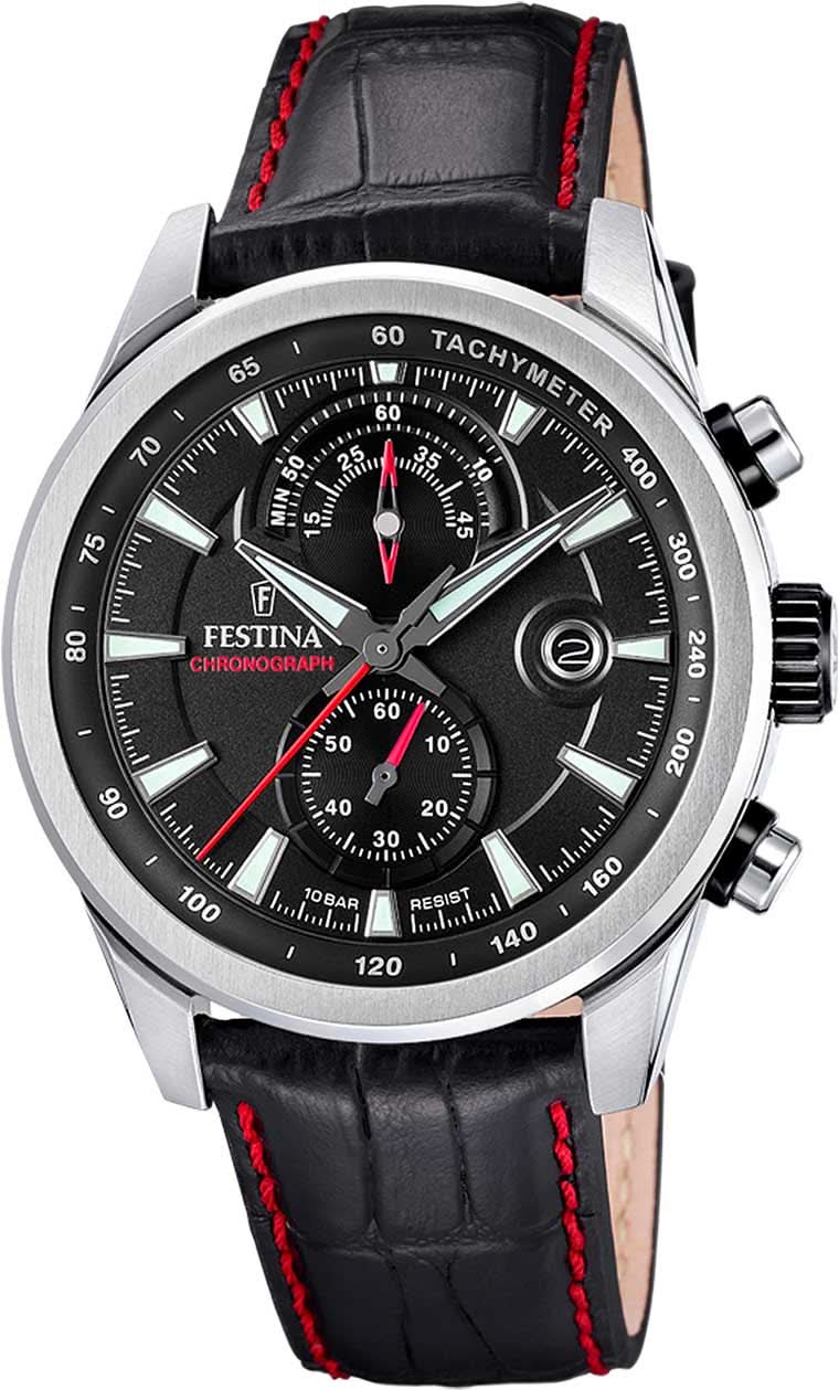 Montre chronographe pour homme avec cadran noir, boîtier en acier inoxydable et bracelet en cuir noir
