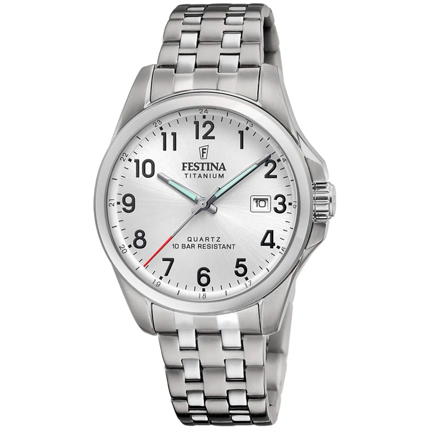 Herrenuhr von Festina mit Titangehäuse, weißem Zifferblatt und Metallarmband, Datum bei 3