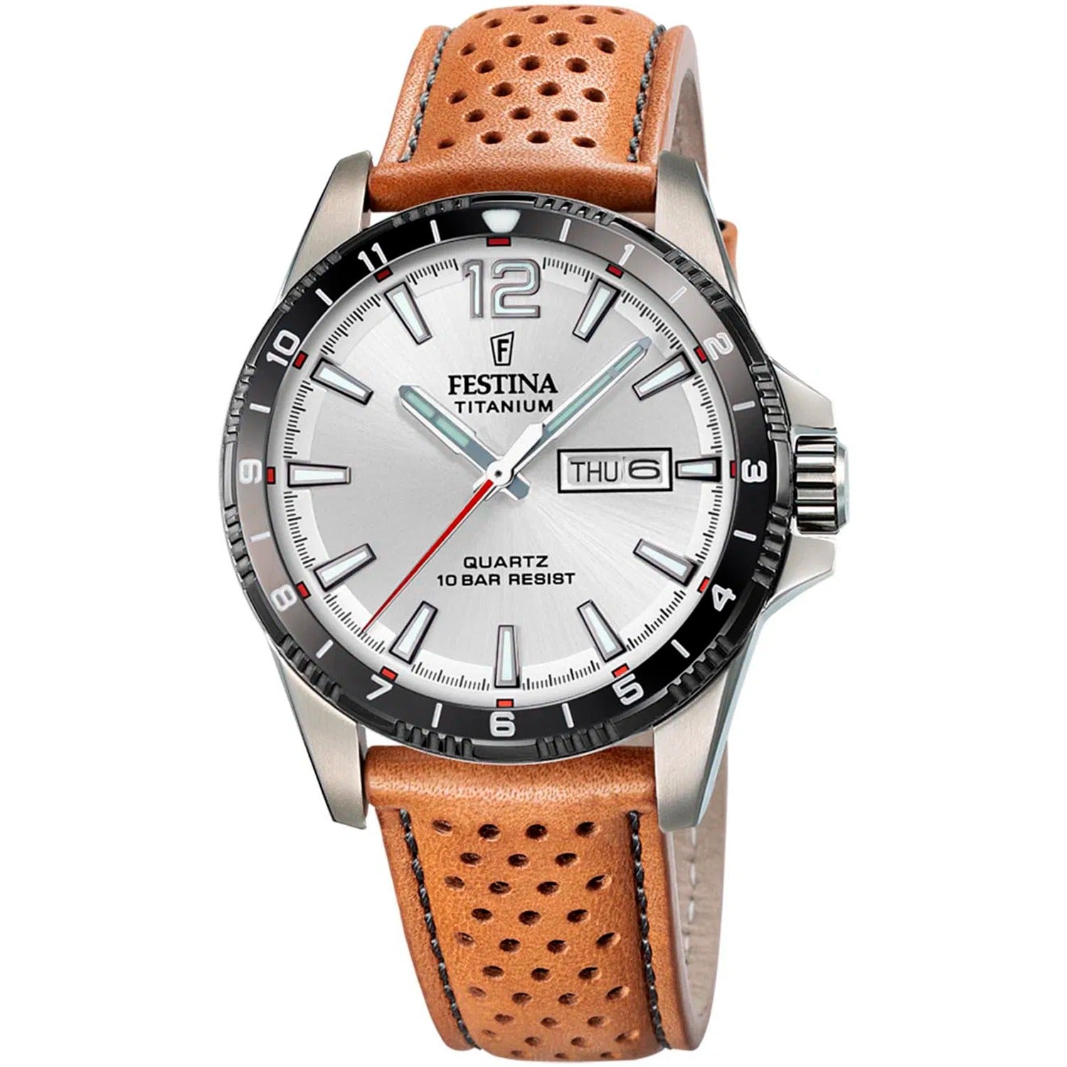 Festina Titan-Uhr mit silbernem Zifferblatt, schwarzer Lünette und braunem Lederband