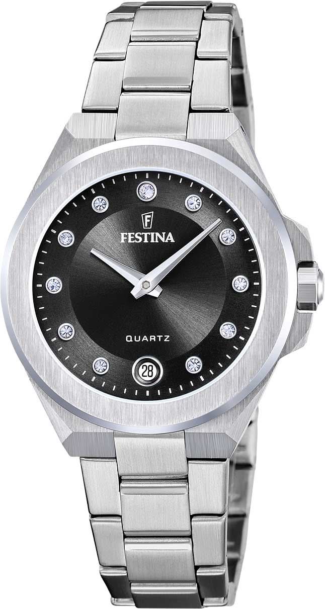 Montre pour femme avec cadran noir et bracelet en acier inoxydable argenté, index en cristal