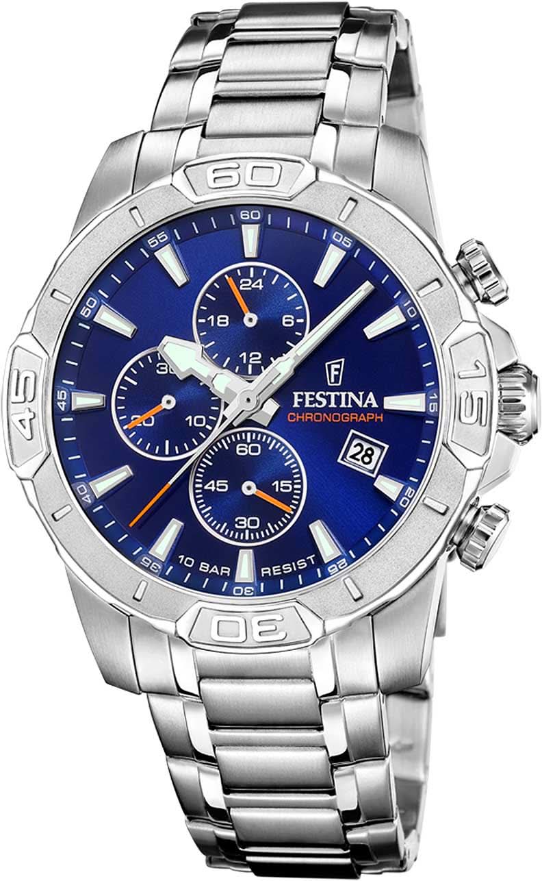 Montre chronographe Festina pour homme avec cadran bleu et bracelet en acier inoxydable