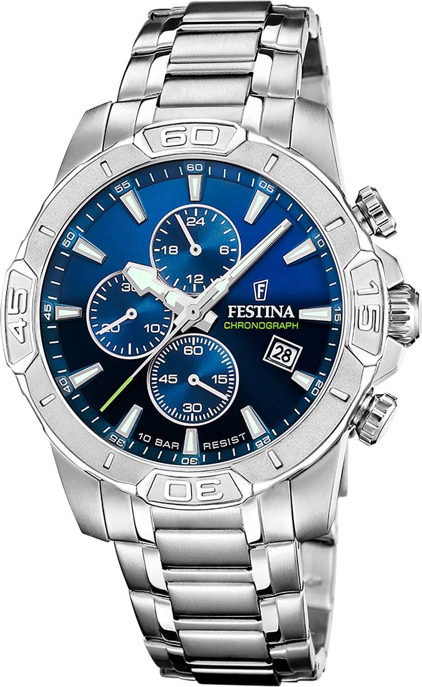 Chronographe pour homme en acier inoxydable avec cadran bleu et sous-cadrans chronographes