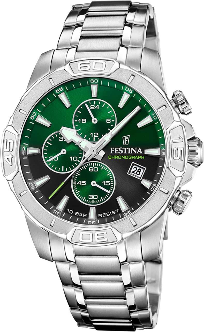 Chronographe pour homme avec cadran vert et bracelet en acier inoxydable, poussoirs chrono