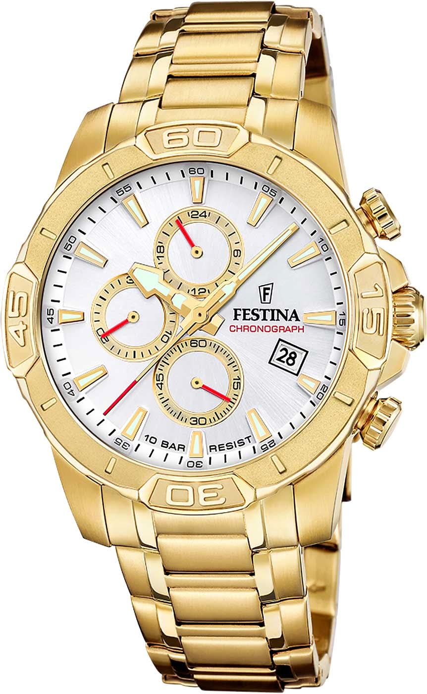 Montre pour homme dorée avec cadran chronographe, compteurs et affichage de la date
