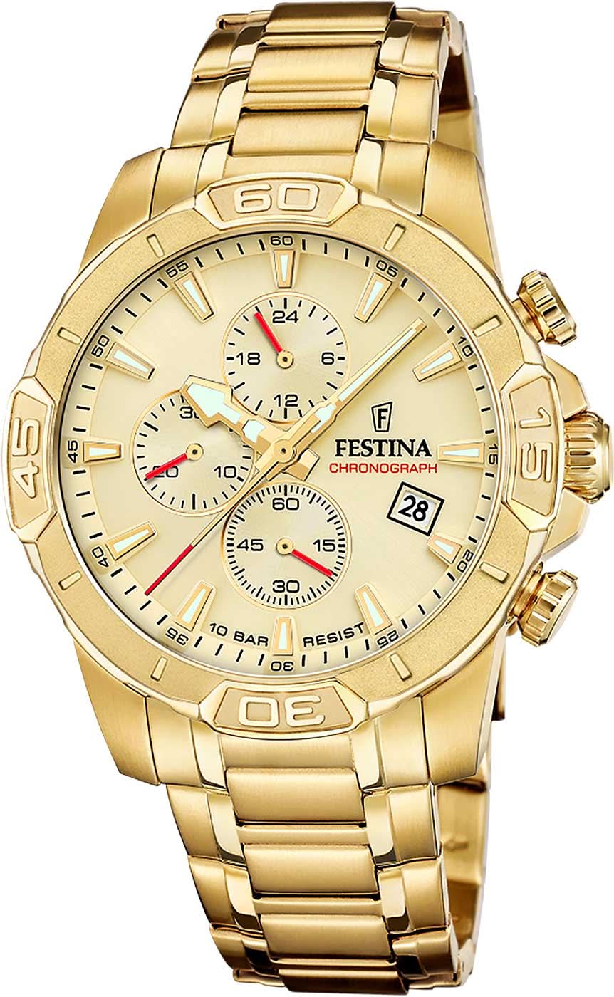 Montre homme Festina Timeless Chronograph F20705/2 • Design or et acier inoxydable • Mouvement à quartz précis