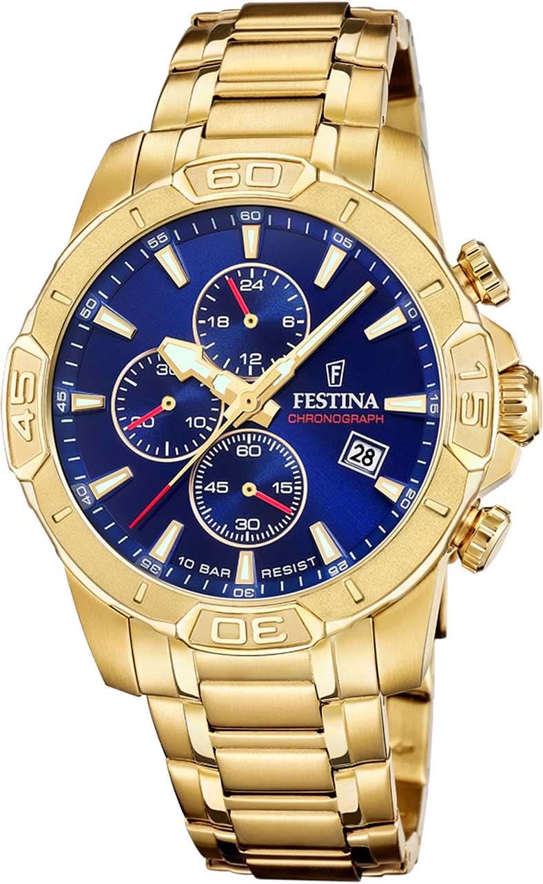 Montre chronographe Festina pour homme avec cadran bleu et bracelet en acier inoxydable doré