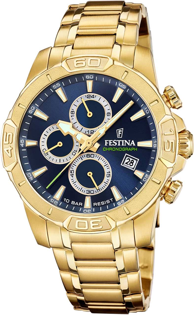 Montre homme avec cadran bleu et bracelet chronographe doré
