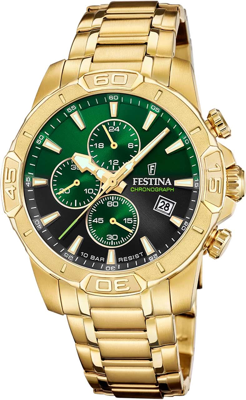 Montre pour homme avec bracelet chronographe doré et cadran vert