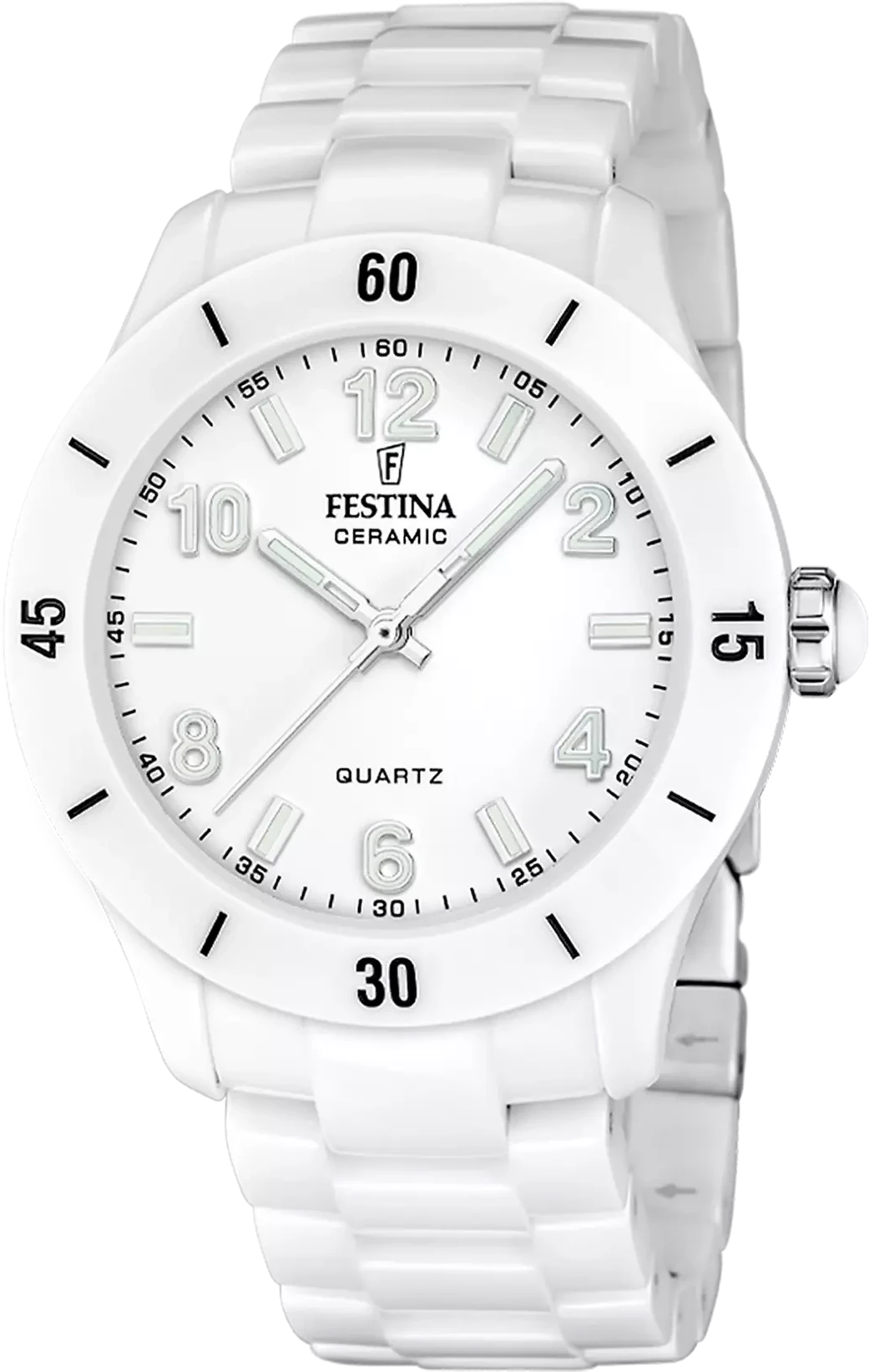 Montre femme : bracelet en céramique blanche et cadran blanc, affichage rond