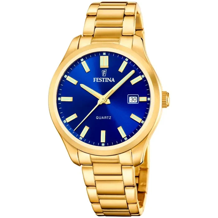 Festina Herrenarmbanduhr mit blauem Zifferblatt, goldfarbenem Edelstahlband und Datumsanzeige