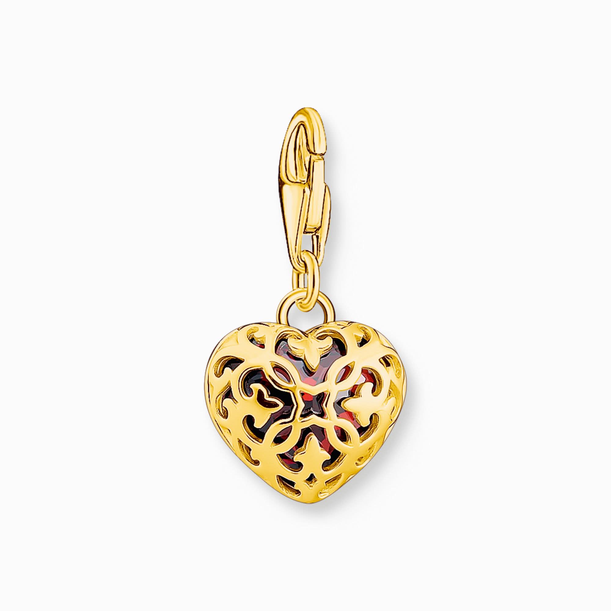 Pendentif cœur doré avec zircone rouge et motif filigrane, plaqué or 18 carats