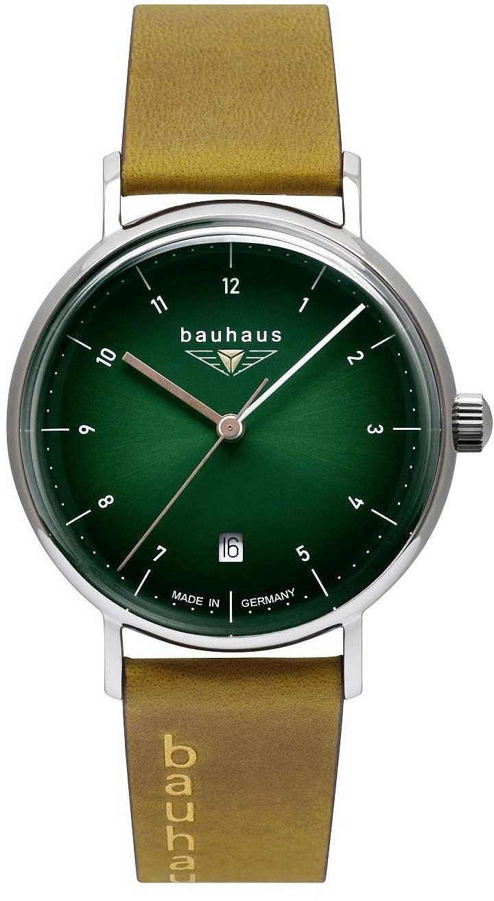 Montre classique unisexe Bauhaus avec cadran vert, bracelet en cuir beige et boîtier argenté