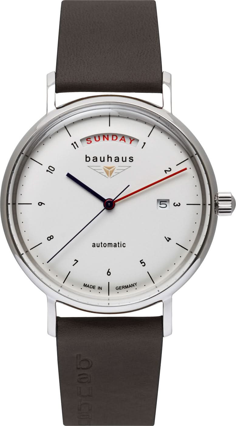 Montre homme avec boîtier argenté, cadran blanc et bracelet en cuir marron