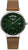 Bracelet de montre pour homme avec boîtier rond, cadran vert et bracelet en cuir marron.