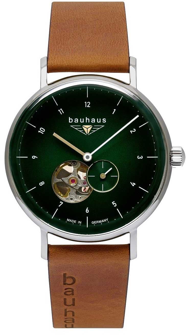 Montre homme avec cadran vert, bracelet en cuir (marron) et fond de boîtier transparent