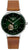 Montre homme avec cadran vert, bracelet en cuir (marron) et fond de boîtier transparent