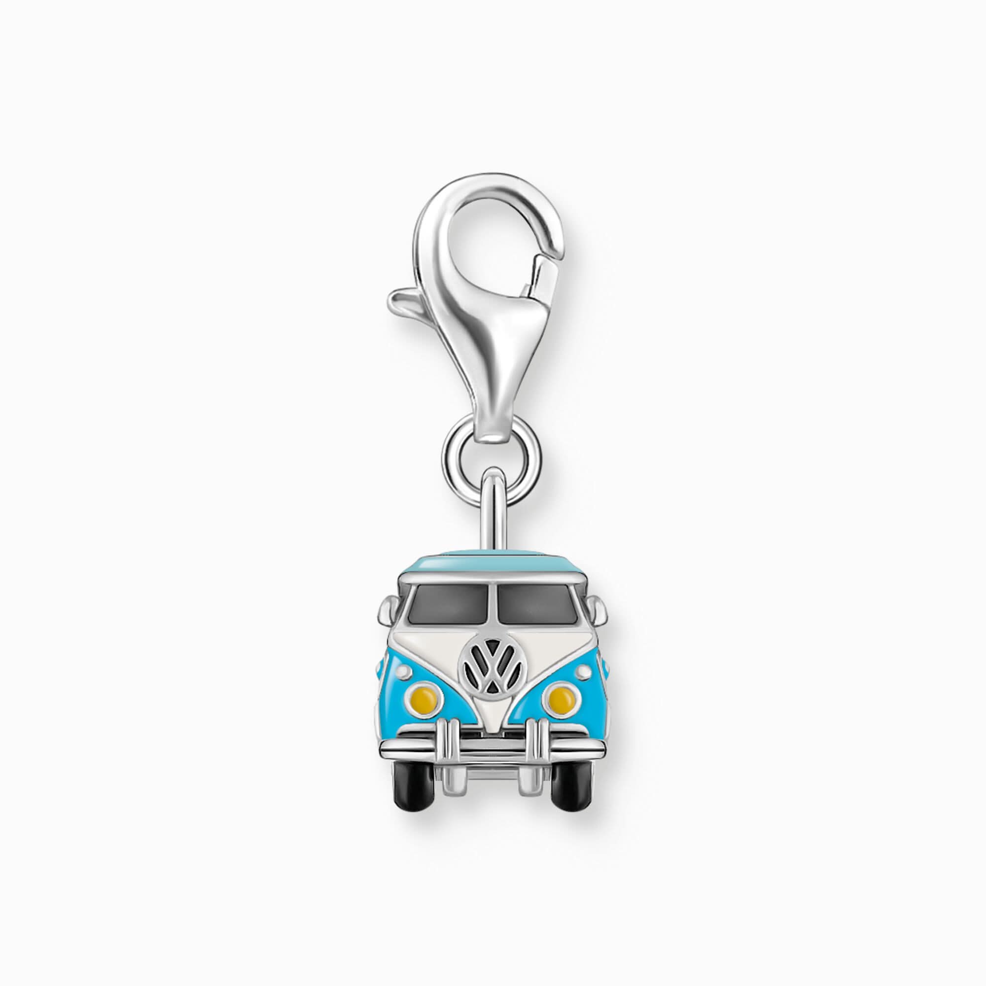 Pendentif en argent avec un VW Bulli bleu, turquoise et des détails colorés