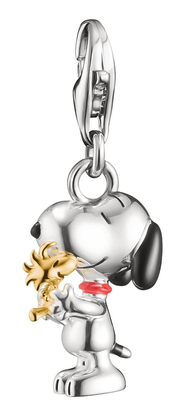 Breloque en métal argenté avec motif Snoopy et Woodstock