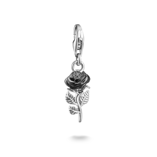 Pendentif breloque argenté avec rose émaillée et passant