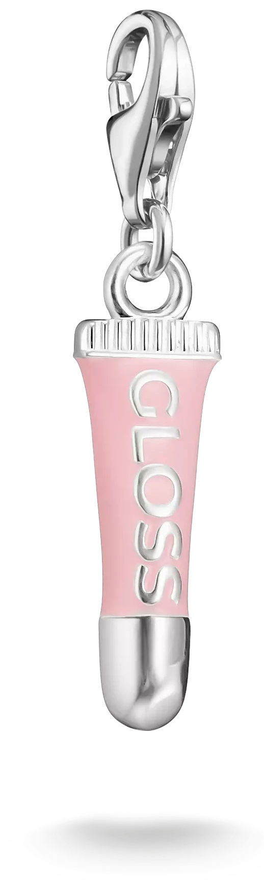 Pendentif breloque en argent avec tube de gloss à lèvres rose et fermoir mousqueton