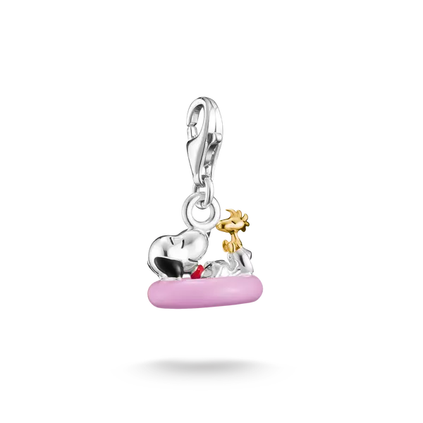Charm Snoopy en argent 925 plaqué or 18 carats, sur fond rose